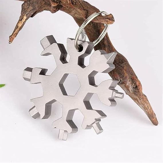 Metal snowflake-shaped keychain on a branch with a white background