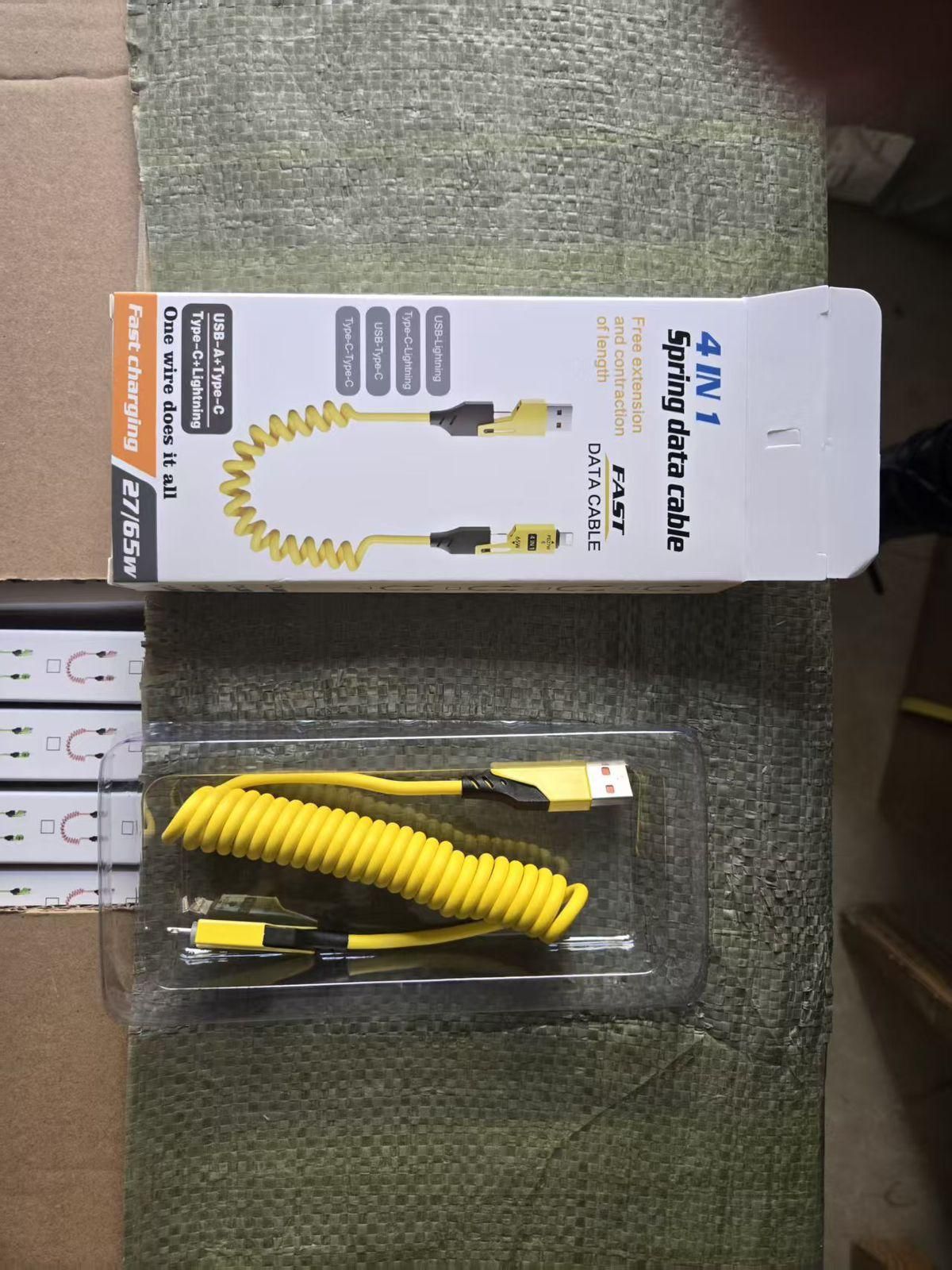 4-in-1 Spring Data Cable (65W) — USB-C / Micro-USB / Lightning Retractable Charger