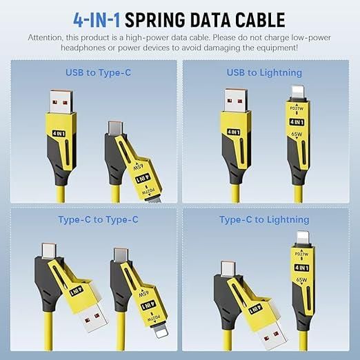 4-in-1 Spring Data Cable (65W) — USB-C / Micro-USB / Lightning Retractable Charger
