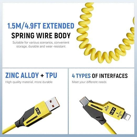 4-in-1 Spring Data Cable (65W) — USB-C / Micro-USB / Lightning Retractable Charger