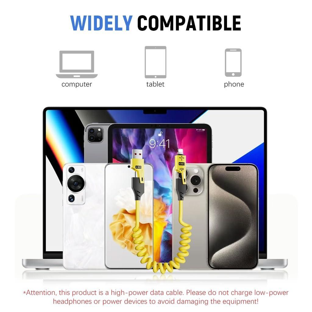 4-in-1 Spring Data Cable (65W) — USB-C / Micro-USB / Lightning Retractable Charger