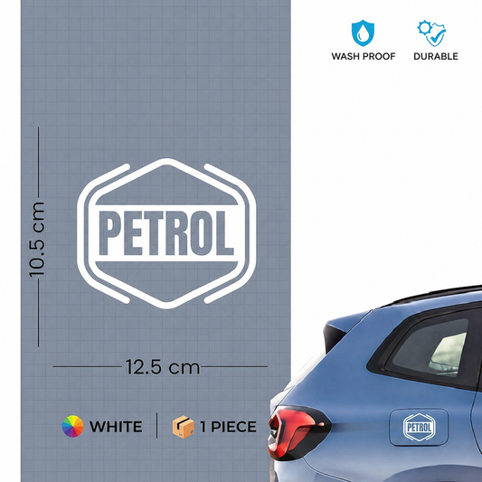 PETROL brand car sticker with dimensions and product details on a blue background