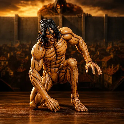 The Attack Titan anime collectible statue displayed as desk decor on a wooden surface, featuring Eren in a ready-to-fight stance with a dramatic sunset and Wall background.