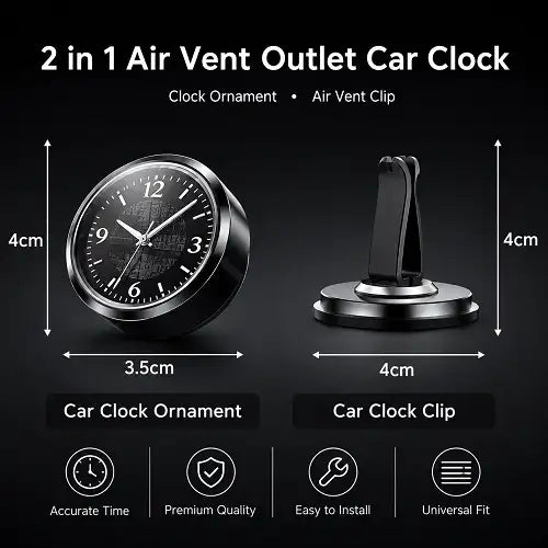 Infographic detailing the 2-in-1 air vent outlet car clock, showing the 4-centimeter dimensions for both the clock ornament and the detachable air vent clip. Features highlighted include accurate time, premium quality, easy installation, and universal fit.