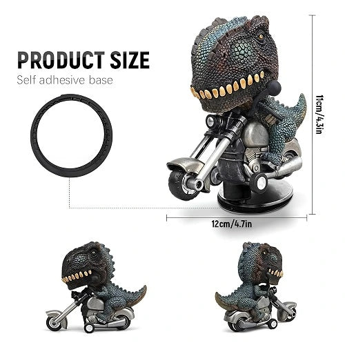 Dimensions and multiple angles of a T-Rex dinosaur riding a motorcycle car dashboard ornament, showing it measures 11 centimeters tall and 12 centimeters long with a self-adhesive base.