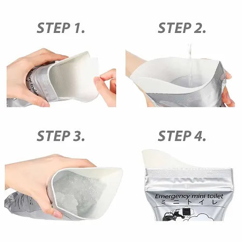 A four-step visual guide demonstrating how to use the emergency disposable urine bag: opening the pouch, adding liquid, the rapid gel tech solidification process, and finally sealing the leak-proof bag.