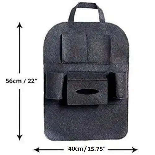 Size and dimensions of a dark grey felt car back seat organizer, showing it measures 56 centimeters or 22 inches in both height and width. The organizer includes various storage pockets, dual cup holders, and a central tissue box dispenser.