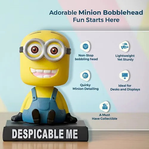 Infographic detailing the features of an adorable yellow Minion bobblehead sitting on a black Despicable Me base. Callouts highlight the non-stop bobbling head, lightweight yet sturdy build, quirky detailing, and its versatility as a collectible figure ideal for car dashboards, desks, and displays.