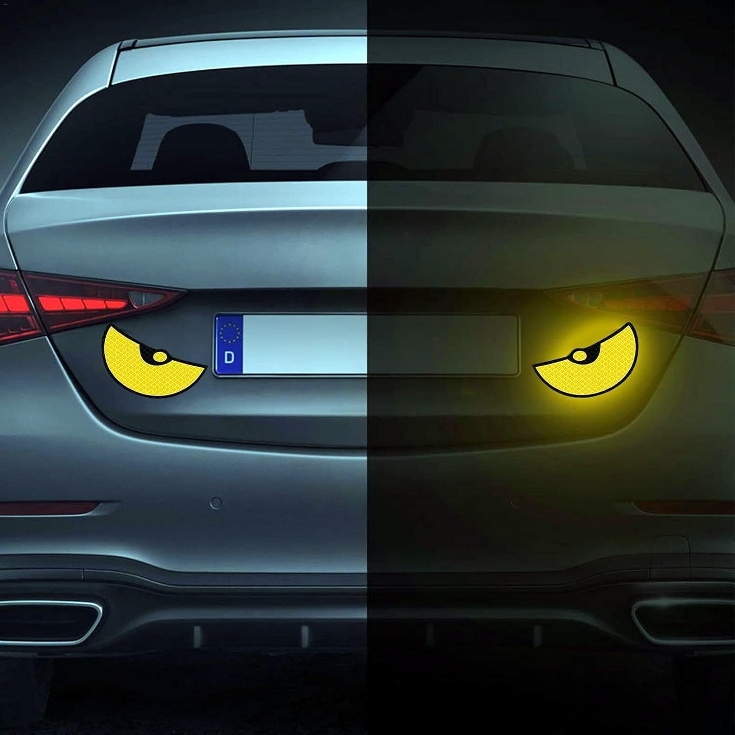 Car with yellow eye-shaped lights on the rear and front, showing different lighting conditions.