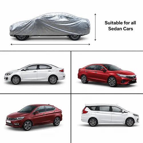 Compatibility guide showing a silver car cover with dimension arrows, indicating it is suitable for all sedan cars. The graphic includes examples of various popular sedan and compact models that the cover easily fits.