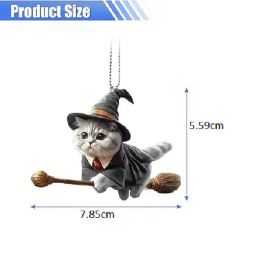 Product dimensions of the wizard cat car hanging ornament, illustrating a width of 7.85 centimeters and a height of 5.59 centimeters, an ideal size for a rearview mirror charm without obstructing the driver's view.