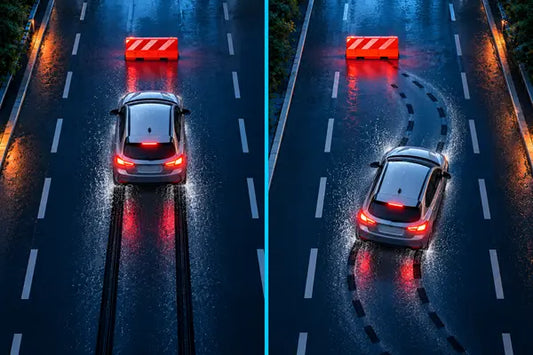 A side-by-side road safety demonstration showing a car on a wet road, contrasting uncontrolled straight skidding with locked brakes against controlled steering and braking to avoid an obstacle.