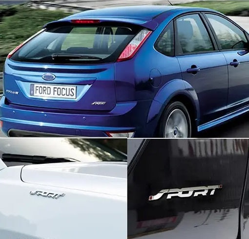 Collage of a blue Ford Focus car with close-ups of the 'Sport' badge on different vehicles.