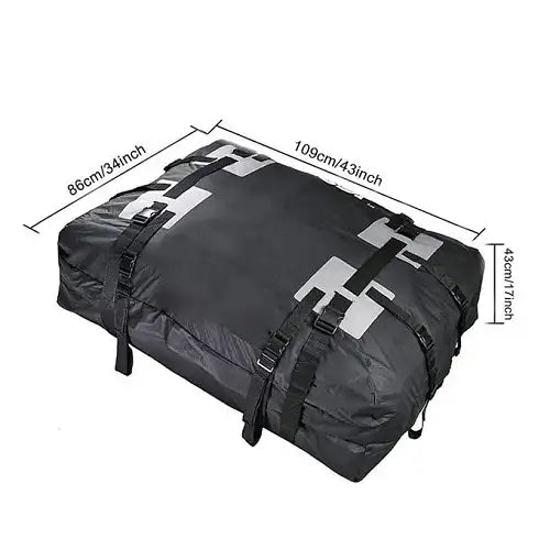 Size and dimension guide for the Velura 15 cubic feet rooftop cargo carrier, showing accurate measurements of 109cm (43 inches) in length, 86cm (34 inches) in width, and 43cm (17 inches) in height.