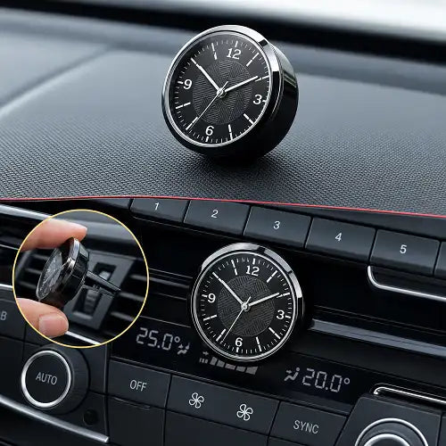 Demonstration of the versatile 2-in-1 car clock being used in two different ways: mounted securely on the upper dashboard and clipped directly into the vehicle's AC air vent.