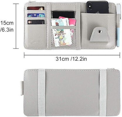 Car Sun Visor Organizer – Multi‑Pocket PU Leather Visor Pouch With Sunglass Clip & Zipper Storage - Carokit 