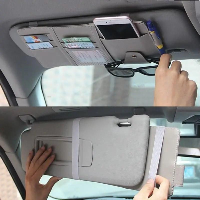 Car Sun Visor Organizer – Multi‑Pocket PU Leather Visor Pouch With Sunglass Clip & Zipper Storage - Carokit 