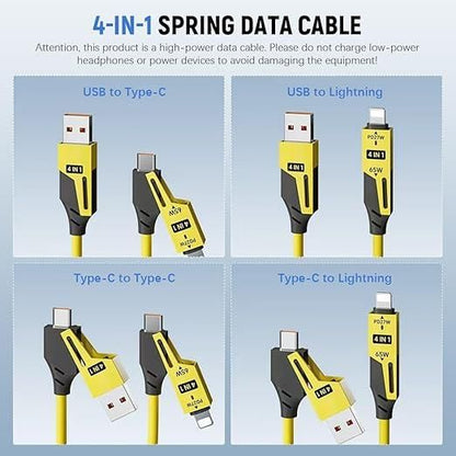 4-in-1 Spring Data Cable (65W) — USB-C / Micro-USB / Lightning Retractable Charger