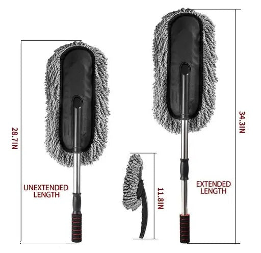 Car cleaning brush with extendable handle and measurements on a white background