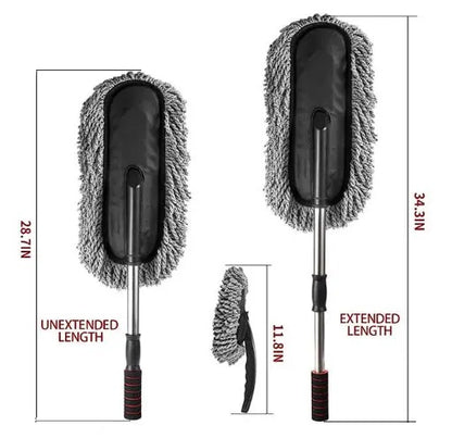 Car cleaning brush with extendable handle and measurements on a white background