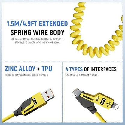 4-in-1 Spring Data Cable (65W) — USB-C / Micro-USB / Lightning Retractable Charger
