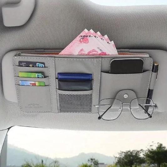 Car Sun Visor Organizer – Multi‑Pocket PU Leather Visor Pouch With Sunglass Clip & Zipper Storage - Carokit 