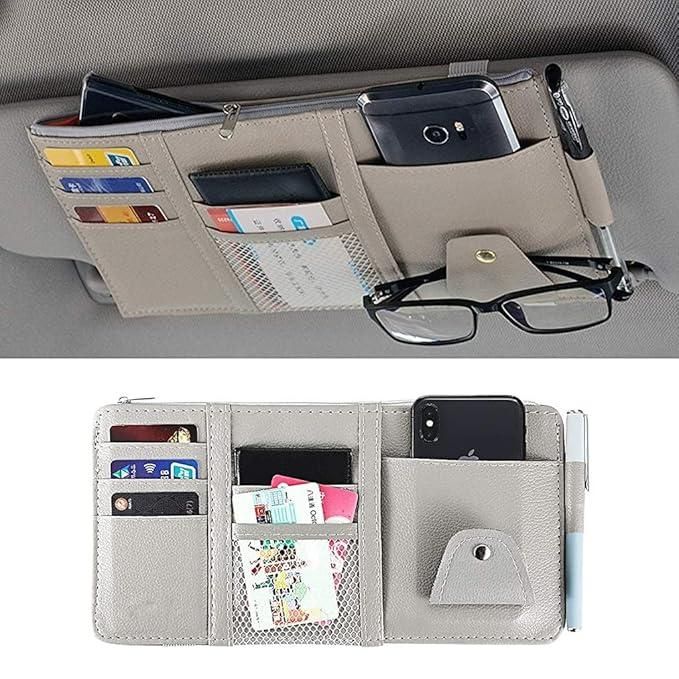 Car Sun Visor Organizer – Multi‑Pocket PU Leather Visor Pouch With Sunglass Clip & Zipper Storage - Carokit 
