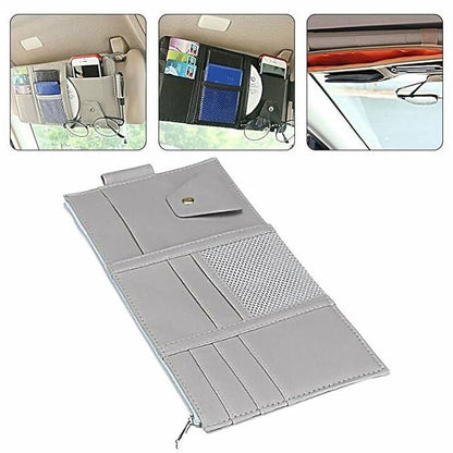 Car Sun Visor Organizer – Multi‑Pocket PU Leather Visor Pouch With Sunglass Clip & Zipper Storage - Carokit 