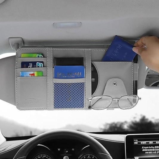 Car Sun Visor Organizer – Multi‑Pocket PU Leather Visor Pouch With Sunglass Clip & Zipper Storage - Carokit 