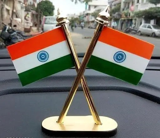 Indian Flag Dashboard Stand (Double-Sided Cross Design) – Car & Table Decor
