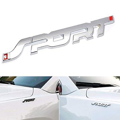Chrome 'SPORT' emblem on a white car with a clear background