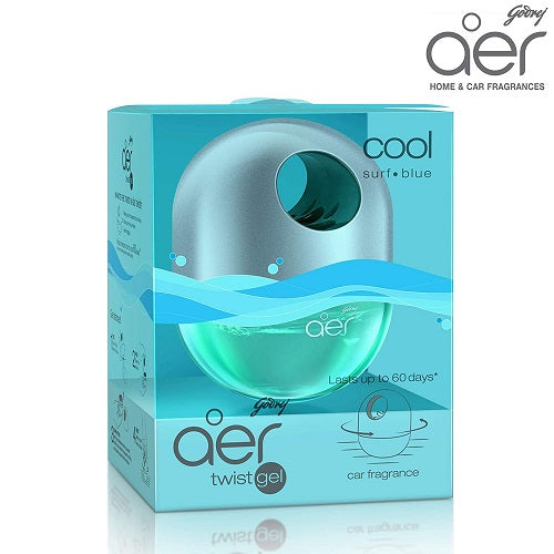 Aer twist gel car fragrance packaging with blue and silver design on a white background