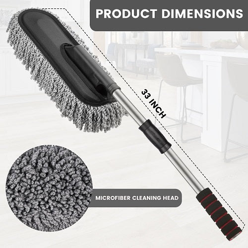 Car cleaning brush with extendable handle and microfiber cleaning head, shown with product dimensions.