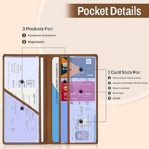 car document holder brown showing PUC certificate pocket with magnetic snap closure | Carokit India