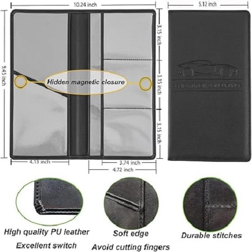 car RC book holder black 24x13cm PU leather showing quality features and measurements | Carokit
