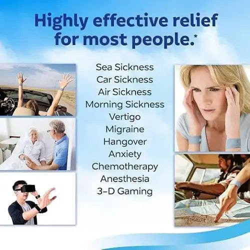Infographic listing the versatile applications of the motion sickness acupressure wristbands, highlighting highly effective, drug-free relief for car sickness, sea sickness, morning sickness, vertigo, migraines, and travel nausea.