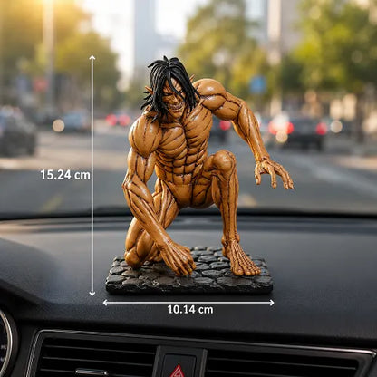 Product size and dimensions of the Attack on Titan car dashboard ornament, showing a height of 15.24 centimeters and a base width of 10.14 centimeters, securely placed on a vehicle dashboard.
