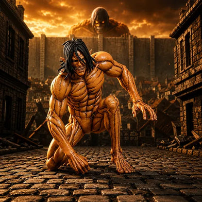 A dramatic display of the Attack Titan crouching action figure on a textured cobblestone base, set against an epic, cinematic background of the Colossal Titan peering over the Wall.