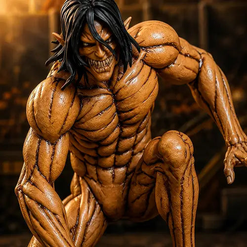 High-detail close-up of the Attack Titan anime car showpiece, highlighting the intricate sculpting of Eren's muscular anatomy, fierce facial expression, and jagged teeth.