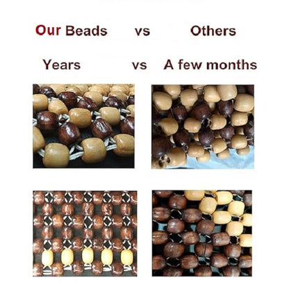 wooden bead seat cushion features chart showing acupressure airflow and comfort benefits | Carokit