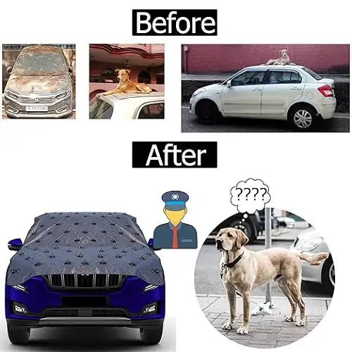 Before and after comparison demonstrating the effectiveness of the dog deterrent spiked auto cover, showing how it stops stray street dogs from dirtying the hood or sitting on the vehicle's roof.