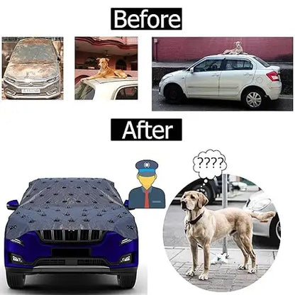 Before and after comparison demonstrating the effectiveness of the dog deterrent spiked auto cover, showing how it stops stray street dogs from dirtying the hood or sitting on the vehicle's roof.