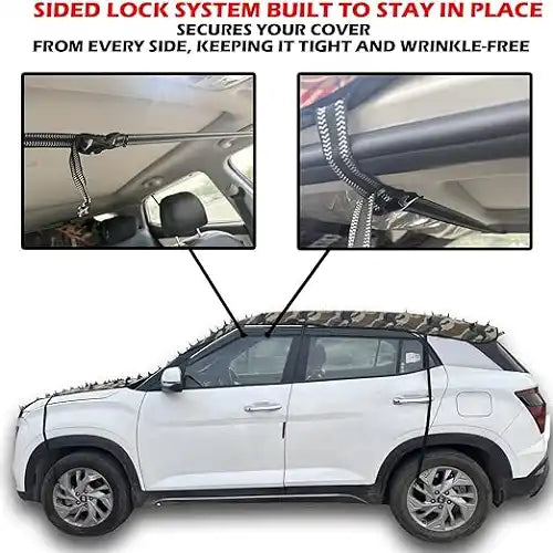 Side profile of a white SUV displaying a camouflage-patterned spiked car cover, featuring a secure side lock system with internal cabin straps that keep the cover tight, theft-proof, and wrinkle-free.