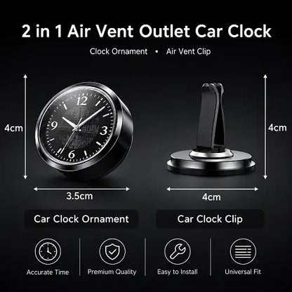 Infographic detailing the 2-in-1 air vent outlet car clock, showing the 4-centimeter dimensions for both the clock ornament and the detachable air vent clip. Features highlighted include accurate time, premium quality, easy installation, and universal fit.
