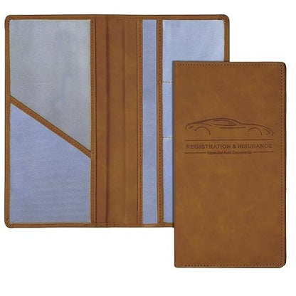 Brown leather document holder with car design and text on a white background
