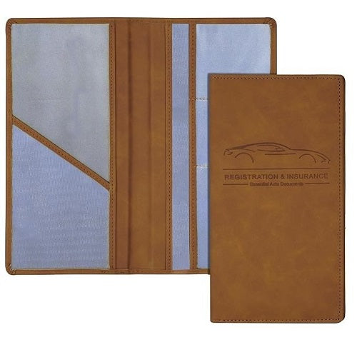 Brown leather document holder with car design and text on a white background