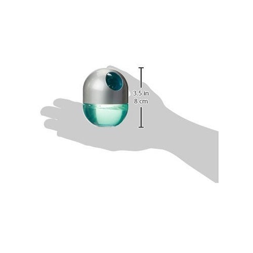 Hand holding a small blue and silver Godrej aer Twist, Car Air Freshener with dimensions indicated