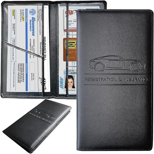 black PU leather car document holder RC insurance wallet with car embossing | Carokit India