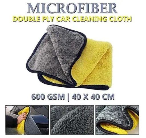 Microfiber double ply car cleaning cloth with gray and yellow colors, shown with text detailing specifications.