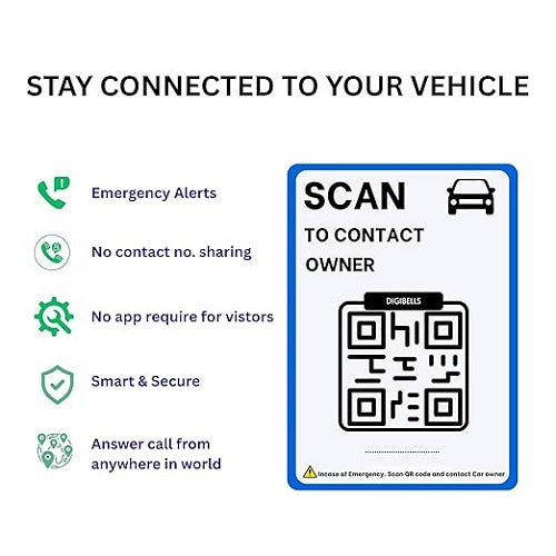Digibells QR car sticker India showing privacy features no number sharing weatherproof | Carokit